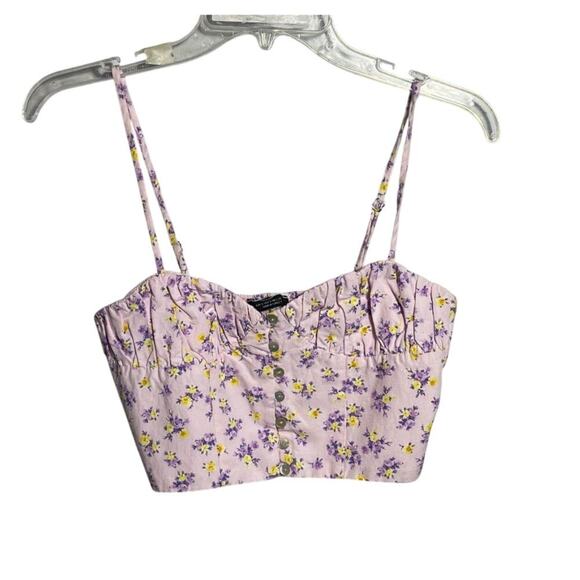 Womens Size S Zara Purple Floral Button Front Smocked Crop Top Spring Summer - Picture 1 of 4